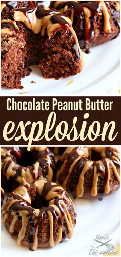 chocolate peanut butter explosion bundts on a white plate