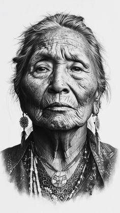 an old native american woman in black and white