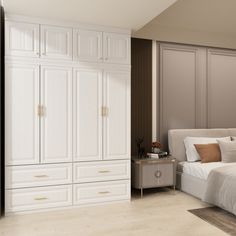 a large white bed sitting in a bedroom next to a tall cabinet with drawers on each side