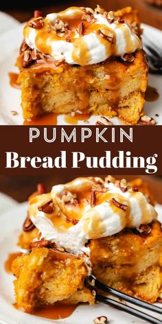 pumpkin bread pudding with whipped cream and pecans on top