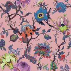 a pink wallpaper with colorful flowers and leaves on the bottom right corner is an orange background