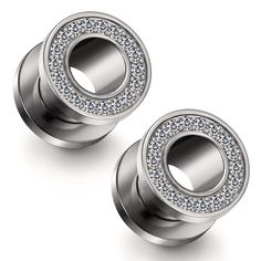 pair of stainless steel ear studs with clear crystal stones on each end, set against a white background