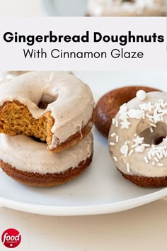 three glazed doughnuts with cinnamon glaze are on a white plate next to each other