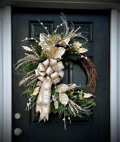 a wreath is hanging on the front door