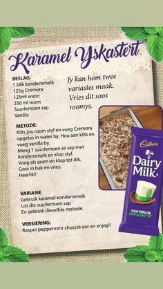 an advertisement for dairy milk with green leaves on the side and information about its ingredients