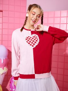 Multicolor Casual Collar Long Sleeve Fabric Colorblock,Heart Pullovers Embellished Slight Stretch Spring/Fall Women Sweatshirts Valentines Idea, 80s Inspired Outfits, Drop Shoulder Sweatshirt, Women Sweatshirts, Dropped Shoulder Sweatshirt, Heart Fashion, Gingham Print, Inspired Outfits