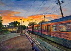 a painting of a train traveling down the tracks at sunset with power lines in the background