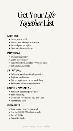 Feeling overwhelmed and ready for a reset? This Get Your Life Together Checklist breaks down 20 actionable tasks across mental, physical, spiritual, environmental, and financial wellness to help you feel more balanced and in control. From journaling and exercising regularly to starting a cleaning schedule and saving for your emergency fund, this guide will help you take intentional steps toward living your best life.  personal development, women wealth and wellness club, life organization, physical health, mental health, spiritual growth, environmental respect, financial management, get your life together checklist, how to organize your life, personal growth tips, life improvement tasks, productivity hacks, self-care routine, decluttering ideas, daily habits for success. Life Organization Checklist, Get Life Together Checklist, Get Your Life Together Binder, Get Your Life Together Checklist, Self Care Schedule, Spiritual Routine, Empath Traits, Life Reset, Get Your Life Together