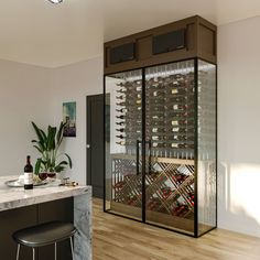 a wine cellar in the corner of a room