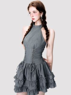 Elegant Lace-Up Frill Tiered Halter One-Piece Velvet Halter Dress, Korean Fashion Kpop, Bridal Shower Outfit, Angel Dress, Lace Bodice, One Piece Dress, Waist Dress, Diy Inspiration, Womens Maxi Dresses