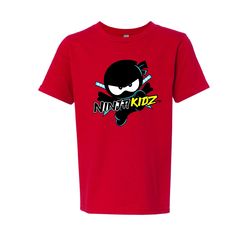 a red t - shirt with the words ninja kidz on it and an image of a