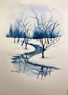 Watercolor Portrait Tutorial, Watercolor Art Landscape, Winter Watercolor, Colour Painting, Diy Watercolor Painting, Winter Painting, Watercolor Painting Techniques, Art Desk, 수채화 그림