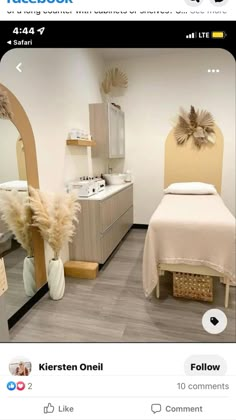 a spa room with two beds, mirrors and towels on the counter top next to each other