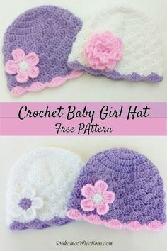 two crochet baby girl hats with flowers on them