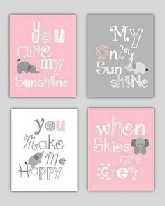 four pink and gray wall art pieces with the words, you are my sunshine shine