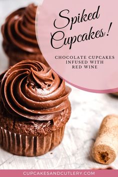 cupcakes with chocolate frosting on top and the words spiced cupcakes above it