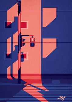 an abstract image of a person walking down the street in front of a red and blue building