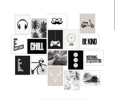 a collage of black and white photos with different types of things on them in the middle