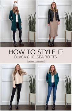 Styling Black Boots Winter, Ways To Style Chelsea Boots, Work Outfit With Chelsea Boots, Merricks Art Chelsea Boots, Chelsea Boots And Skirts, How To Dress Up Chelsea Boots, Black Lug Chelsea Boots Outfit, Black Chelsea Boots With Dress, Black Chunky Ankle Boots Outfit