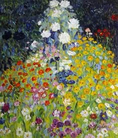 a painting of many different colored flowers in a field with trees and bushes behind it