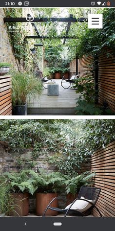 two pictures of an outdoor area with chairs and plants on the ground, one is in front of a brick wall