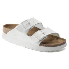 Arizona Platform Vegan Birko-Flor White | BIRKENSTOCK Dressy Flats Shoes, White Birkenstock, Popular Sandals, Birkenstock White, White Birkenstocks, Dressy Flats, Two Strap Sandals, Funky Shoes, Chic Shoes