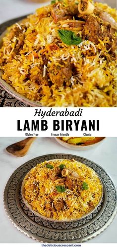 two pictures with different types of food in them and the words, hydrobaaii lamb biriyani