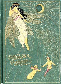 an old book cover with a woman and two children flying in the sky next to each other