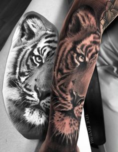 two tiger tattoos on the arm and leg