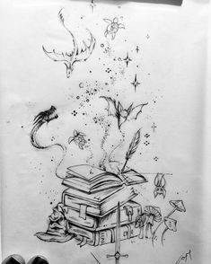 a black and white drawing of a book with birds flying around it, surrounded by other objects