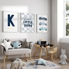 a living room filled with furniture and pictures on the wall next to a table in front of a window