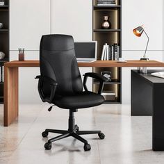 an office chair sitting in front of a desk with bookshelves and shelves behind it