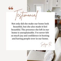 a white kitchen and living room are featured in this ad for testimonial