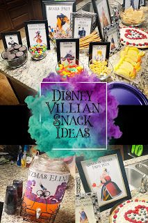 the table is covered with pictures and desserts for disney's villain snack ideas