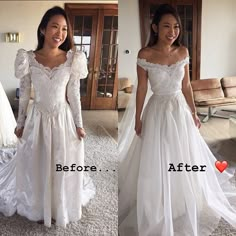 before and after photos of a wedding dress with long sleeves on the shoulders, in front of a couch