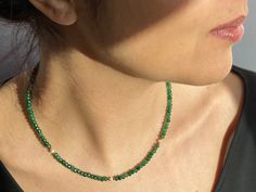 "Green Jade Beaded Necklace with Pearl, Green Jade Choker, Jade Choker Necklace DETAILS - Faceted Green Jade Beads 3 x 2 mm - 14K Gold Filled Spring Ring Clasp 5mm - 14K Gold Filled 2 inches Extender Chain - Natural Freshwater Pearl Select your preferred necklace length from the drop down menu. Model is wearing length 16\" Please note: Because we use natural stones, the stones may vary slightly in shape, shade and size. They may also contain natural inclusions. If you have any questions, please Small Beaded Necklace Choker, Green And Gold Beaded Necklace, Jade Beaded Necklace, Jade Pearl Necklace, Jade Jewelry Necklace, Jade Choker, Green Beads Necklace, Green Pearl Necklace, Beaded Necklace Green