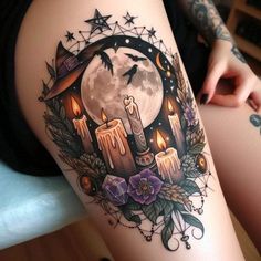 Witchy Pagan Tattoo, Women Halloween Tattoo, Tattoo Style Wallpaper, Halloween Leg Tattoos Women, Goth Witchy Tattoos, Gothic Forearm Tattoo Women, Spooky Leg Tattoos Women, Large Tattoo Designs Drawings, Eclectic Tattoo Ideas