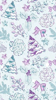 a blue and purple wallpaper with flowers on it