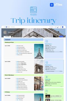 the website for trip itinerary is displayed in blue and green colors, with an image of a building on top