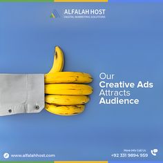 a bunch of bananas in the palm of a hand that says our creative ads attract audience