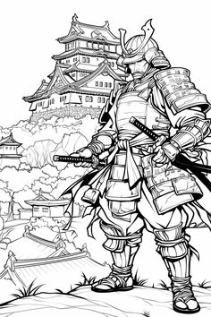 This stunning coloring page captures a proud samurai warrior standing tall before a traditional Japanese castle. The samurai, fully armored with katana in hand, exudes strength and honor, while the detailed castle and surrounding landscape add depth and beauty to the scene. With intricate designs on the armor and fine details on the castle's architecture, this page offers a perfect mix of bold lines and delicate patterns for you to color. Ideal for both relaxation and creativity, it's perfect for anyone who loves historical themes and Japanese culture. Get ready to bring this scene to life! Traditional Japanese Castle, Japanese Coloring Pages, Strength And Honor, Samurai Clothing, Spirit Tattoo