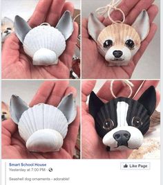 four different pictures of a dog made out of seashells, including a hand holding a small ornament