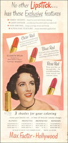 1950 Cosmetics AD MAX FACTOR HOLLYWOOD , Lipstick Elizabeth Taylor 081919 | eBay Max Factor Lipstick, New Look Ideas, Vintage Makeup Ads, Vintage Meets Modern, Classic Lifestyle, Makeup Ads, Retro Makeup, Retro Beauty, Beauty Ad