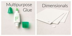 three different types of glues are shown with the words, multipurpose glue and dimensional glue