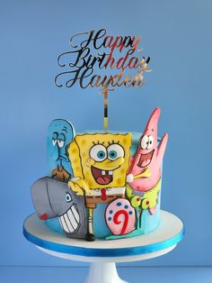 a spongebob birthday cake with the name happy birthday written on it and characters