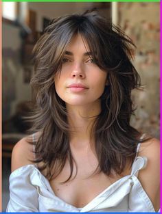 Medium Very Layered Hair, Med Length Wolf Haircut, Long Shag Haircut No Bangs Side Part, Shag Haircut With Money Piece, Heavy Layered Shag, Medium Length Hair With Lots Of Layers And Curtain Bangs, Chic Mullet Women, Artsy Haircuts For Women, Brunette Haircuts Medium