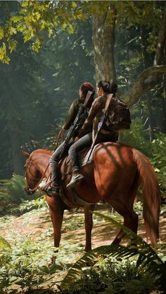 two people riding on the back of a brown horse through a forest filled with trees