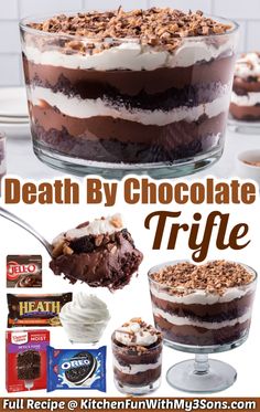 Death By Chocolate Trifle is a layered dessert with layers of chocolate cake, pudding, fudge, Oreos, and whipped cream topped with Heath candy bars. Always such a huge hit for parties or gatherings. Pudding Fudge, Chocolate Cake Pudding, Chocolate Trifle Recipe, Chocolate Trifle Desserts, Heath Candy, Trifle Recipes Easy, Trifle Bowl Recipes, Chocolate Pudding Desserts, Trifle Dessert Recipes