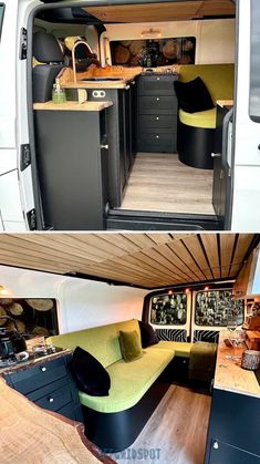 the interior and exterior of a camper van with wood floors, black cabinets, and green couches