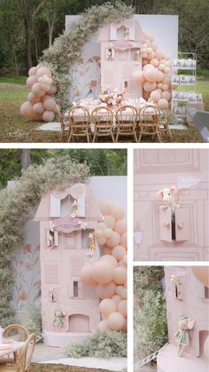 an outdoor party with balloons and decorations